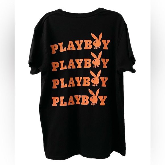 PLAYBOY Mens XL Black Coral/Orange Repeat Logo Shirt Entertainment Magazine EUC - Picture 3 of 7